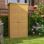 Small Wooden Storage Cabinet w/ 3 Shelves, Asphalt Roof & Shutter Doors, 87x47x160cm, Natural Wood - Image 4