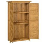 Small Wooden Storage Cabinet w/ 3 Shelves, Asphalt Roof & Shutter Doors, 87x47x160cm, Natural Wood - Image 2