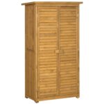 Small Wooden Storage Cabinet w/ 3 Shelves, Asphalt Roof & Shutter Doors, 87x47x160cm, Natural Wood