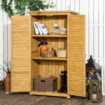 Small Wooden Storage Cabinet w/ 3 Shelves, Asphalt Roof & Shutter Doors, 87x47x160cm, Natural Wood - Image 3