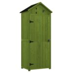 Wooden Storage Cabinet, Outdoor Small Shed w/ Shelves, Tilt Roof & Lockable Double Doors, Dark Green - Image 2