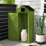 Wooden Storage Cabinet, Outdoor Small Shed w/ Shelves, Tilt Roof & Lockable Double Doors, Dark Green - Image 4
