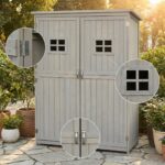 Wooden Tool Storage Cabinet with 2 Windows & Double Door for Garden and Patio, Grey - Image 3