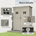 Wooden Tool Storage Cabinet with 2 Windows & Double Door for Garden and Patio, Grey - Image 10