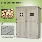 Wooden Tool Storage Cabinet with 2 Windows & Double Door for Garden and Patio, Grey - Image 9