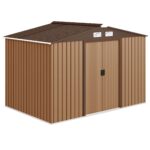 EverBase 9 x 6ft Metal Garden Shed with Double Sliding Doors & Shutter Vents, Light Brown