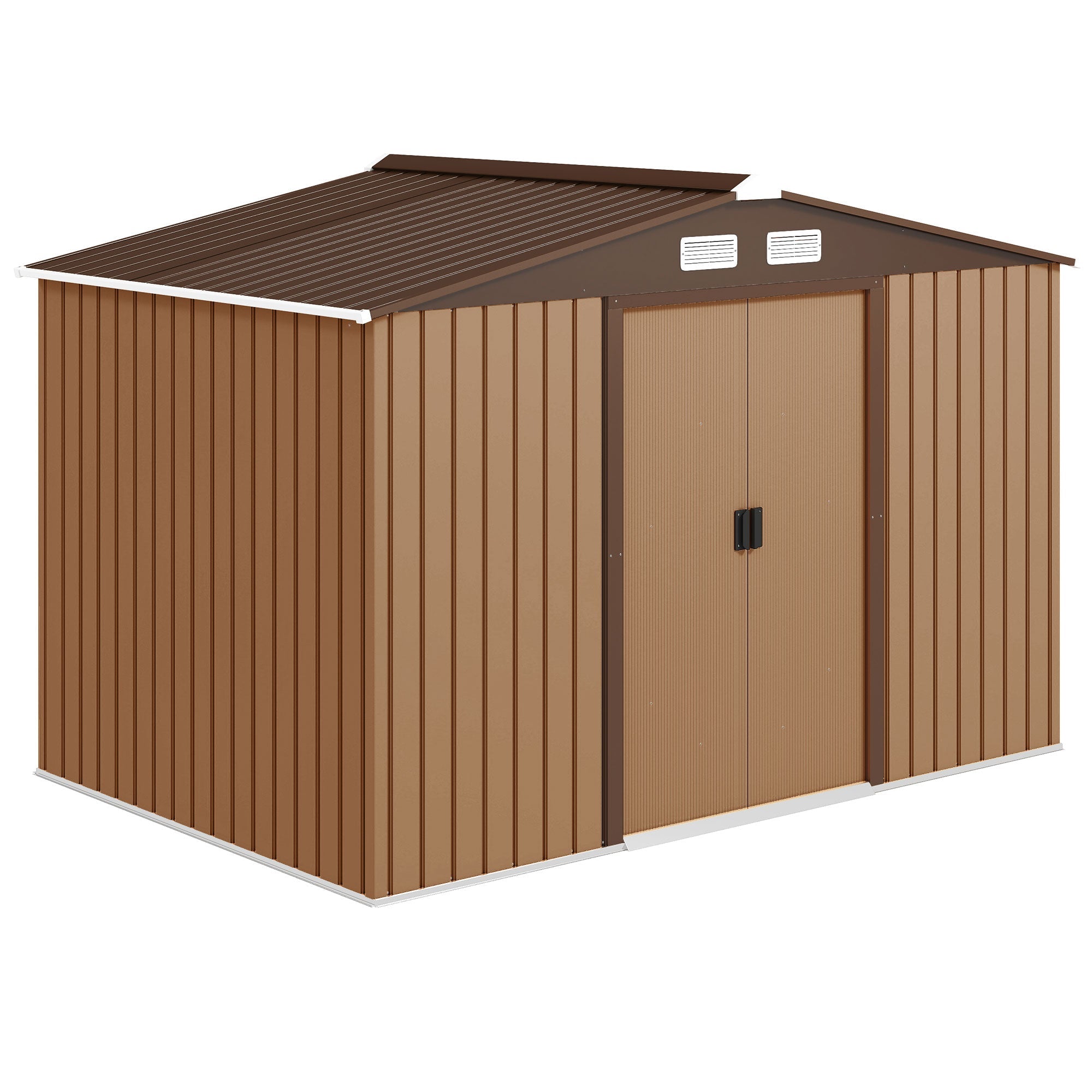 8T8XSjeuQvHABvykV67bgaosom5MFDtUVIsLXpAhD-4Ma5lFDWDDt-HOc9XOhUiRHuplM EverBase 9 x 6ft Metal Garden Shed with Double Sliding Doors & Shutter Vents, Light Brown - Image 1