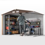 EverBase 9 x 6ft Metal Garden Shed with Double Sliding Doors & Shutter Vents, Light Brown - Image 11