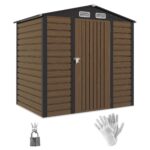 4.3 x 6.2 ft Garden Shed w/ Ventilation Slots, Lockable Door and Gloves for Garden, Patio, Oak