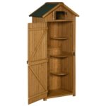 Wooden Storage Cabinet, Outdoor Small Shed w/ Shelves, Tilt Roof & Lockable Double Doors, Brown - Image 12