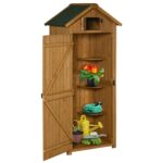 Wooden Storage Cabinet, Outdoor Small Shed w/ Shelves, Tilt Roof & Lockable Double Doors, Brown