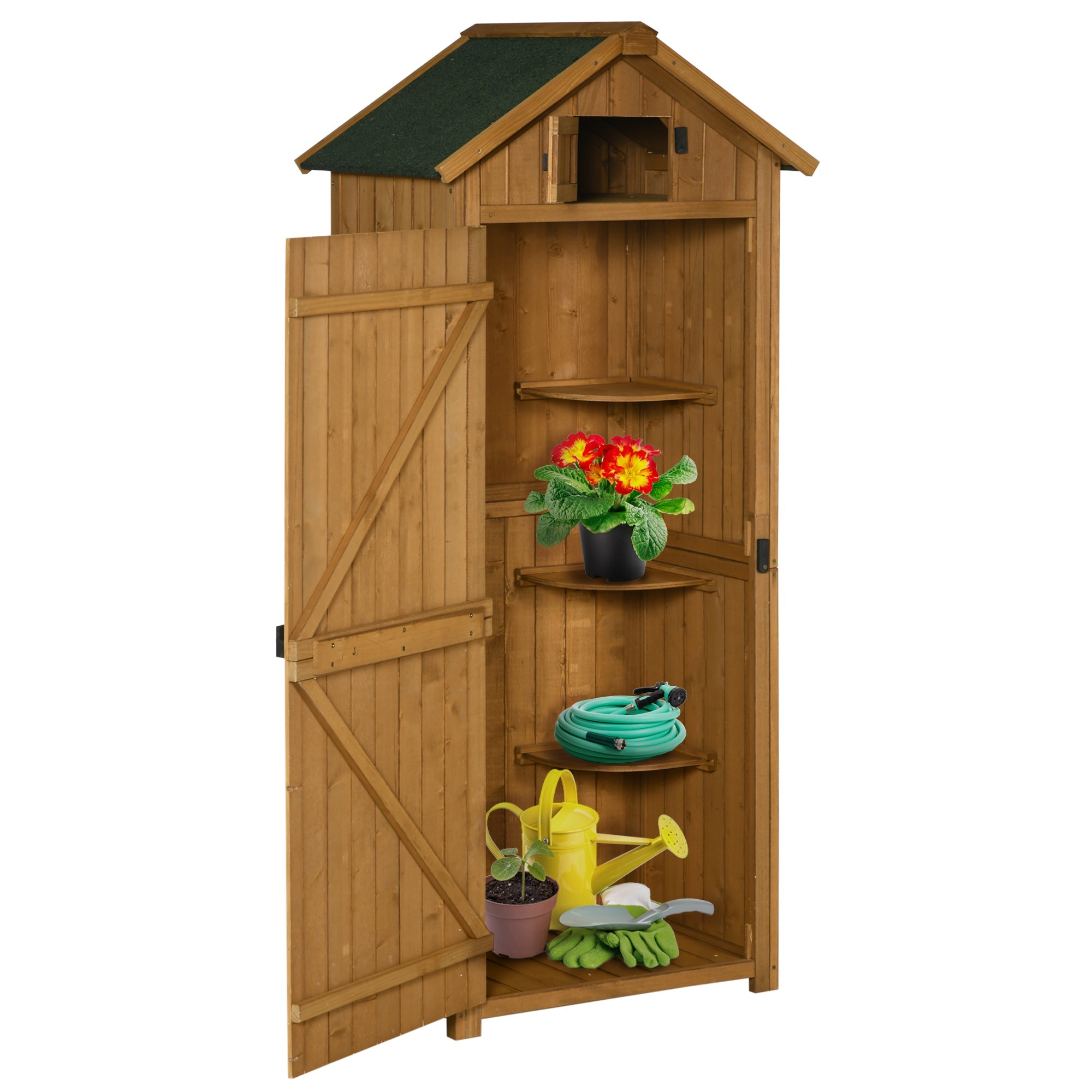 Awo__1sPy-VsKuF47EiGDQaosomGcrWiBk42c-tzOEfe0esF2PmXORH0q2szGeDnIks2z0 Wooden Storage Cabinet, Outdoor Small Shed w/ Shelves, Tilt Roof & Lockable Double Doors, Brown - Image 1