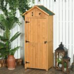 Wooden Storage Cabinet, Outdoor Small Shed w/ Shelves, Tilt Roof & Lockable Double Doors, Brown - Image 4