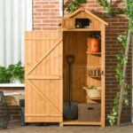 Wooden Storage Cabinet, Outdoor Small Shed w/ Shelves, Tilt Roof & Lockable Double Doors, Brown - Image 3