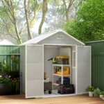 6 x 5ft Garden Shed, Plastic Shed with Floor, Window, Lockable Doors and Vents, Wood Effect Resin Tool Shed for Outdoor Patio, Light Grey - Image 4