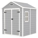 6 x 5ft Garden Shed, Plastic Shed with Floor, Window, Lockable Doors and Vents, Wood Effect Resin Tool Shed for Outdoor Patio, Light Grey