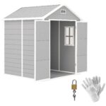 6 x 5ft Garden Shed, Plastic Shed with Floor, Window, Lockable Doors and Vents, Wood Effect Resin Tool Shed for Outdoor Patio, Light Grey - Image 2