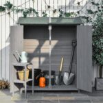 Small Wooden Tool Shed w/ Flexible Table, Asphalt Roof, Hooks & Ground Nails, 140x75x157cm, Grey - Image 4