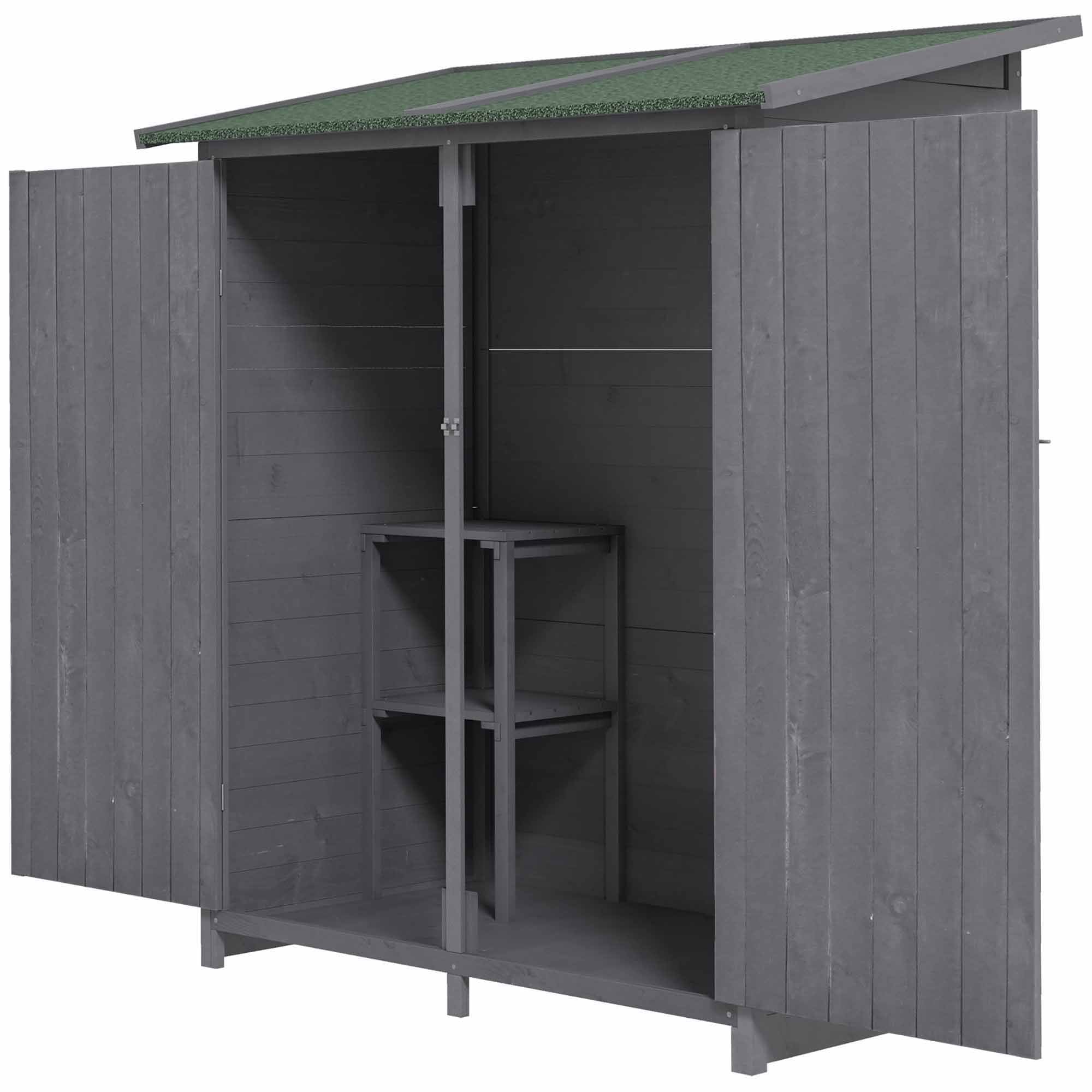 IS-tPlqZrOoWknkLfr8IAQaosomY-g3wSzKzR9nSbHh5cPTa6BQ9S3VrM5_R-5xSipFGHo Small Wooden Tool Shed w/ Flexible Table, Asphalt Roof, Hooks & Ground Nails, 140x75x157cm, Grey - Image 1