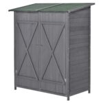 Small Wooden Tool Shed w/ Flexible Table, Asphalt Roof, Hooks & Ground Nails, 140x75x157cm, Grey - Image 2