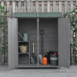 Small Wooden Tool Shed w/ Flexible Table, Asphalt Roof, Hooks & Ground Nails, 140x75x157cm, Grey - Image 9