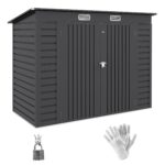 EverBase 8 x 4FT Galvanised Metal Tool Storage Shed with Pent Roof, 2 Vents & Lockable Door, Grey