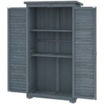 Small Wooden Tool Storage Cabinet w/ 3 Shelves, Asphalt Roof & Shutter Doors, 87x47x160cm, Grey - Image 2