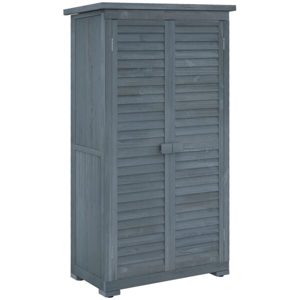 Small Wooden Tool Storage Cabinet w/ 3 Shelves, Asphalt Roof & Shutter Doors, 87x47x160cm, Grey