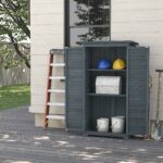 Small Wooden Tool Storage Cabinet w/ 3 Shelves, Asphalt Roof & Shutter Doors, 87x47x160cm, Grey - Image 3