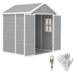 6 x 5ft Garden Shed, Plastic Shed with Floor, Window, Lockable Doors and Vents, Wood Effect Resin Tool Shed for Outdoor Patio, Dark Grey
