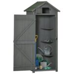 Wooden Storage Cabinet, Outdoor Small Shed w/ Shelves, Tilt Roof & Lockable Double Doors, Grey