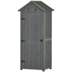 Wooden Storage Cabinet, Outdoor Small Shed w/ Shelves, Tilt Roof & Lockable Double Doors, Grey - Image 2