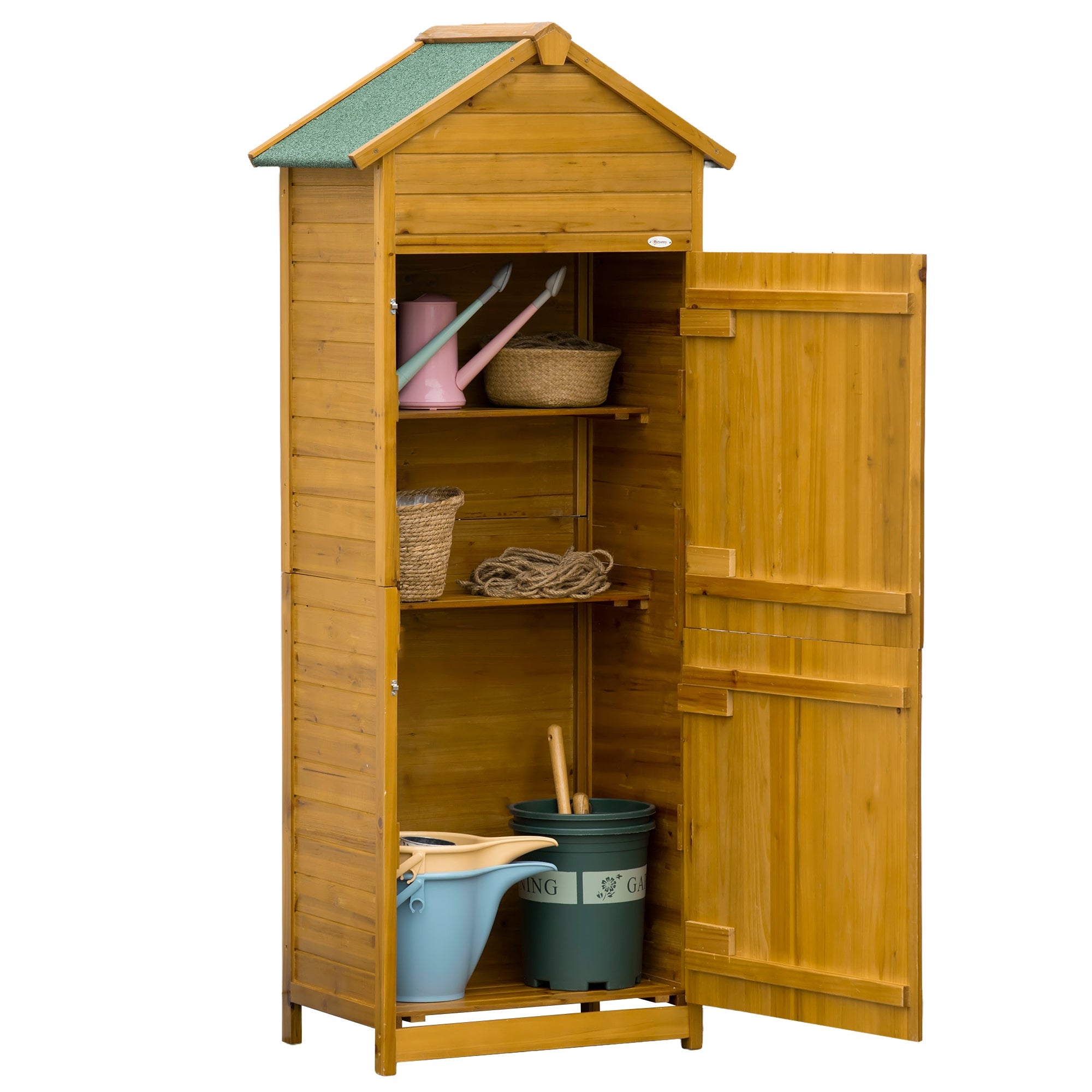 Re036zFRwuZDjMauQL5-EAaosomWKKme2YSBGf1kK_ZjjGIZb9ycKoBloLxlYIIwZW0LEc Wooden Garden Storage Cabinet w/ 3 Shelves, Tilted-felt Roof & 2 Lockable Doors, Natural Wood Effect - Image 1