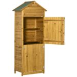 Wooden Garden Storage Cabinet w/ 3 Shelves, Tilted-felt Roof & 2 Lockable Doors, Natural Wood Effect - Image 2