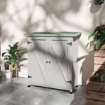 Wooden Garden Storage Cabinet with Shelves and Double Door, 110x 55 x117cm, Light Grey - Image 4