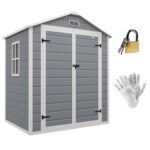 6 x 4.5FT Plastic Garden Shed, Lockable Tool Storage Shed w/ Floor, Window & Plastic Roof, Grey