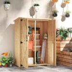 Wooden Garden Storage Shed, Tool Storage Cabinet with Asphalt Roof and 2 Shelves, Natural - Image 3