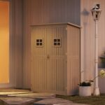 Wooden Tool Storage Cabinet with 2 Windows & Double Door for Garden and Patio, Grey - Image 11