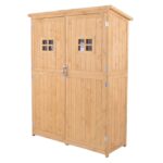 Wooden Tool Storage Cabinet w/ 2 Windows & Double Door, for Garden, Patio, 127.5x 50x164cm, Natural