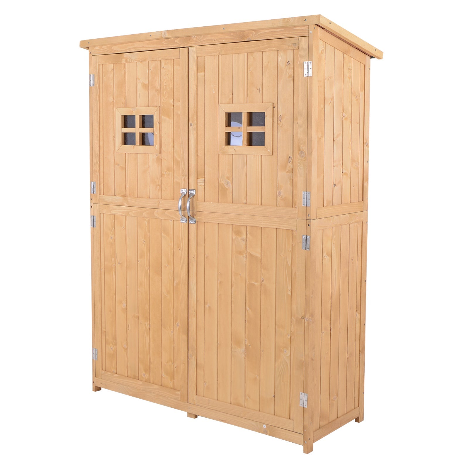 r4kfPyAYMTa5LzOFnIf01gaosom0h-oqW_RGWWZ5Ej5kSdPUDDclHpSFXaNLhQlcRyxVNA Wooden Tool Storage Cabinet w/ 2 Windows & Double Door, for Garden, Patio, 127.5x 50x164cm, Natural - Image 1