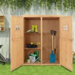 Wooden Tool Storage Cabinet w/ 2 Windows & Double Door, for Garden, Patio, 127.5x 50x164cm, Natural - Image 9