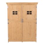 Wooden Tool Storage Cabinet w/ 2 Windows & Double Door, for Garden, Patio, 127.5x 50x164cm, Natural - Image 10