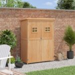 Wooden Tool Storage Cabinet w/ 2 Windows & Double Door, for Garden, Patio, 127.5x 50x164cm, Natural - Image 3