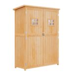 Wooden Tool Storage Cabinet w/ 2 Windows & Double Door, for Garden, Patio, 127.5x 50x164cm, Natural - Image 2