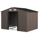 EverBase 9 x 6ft Metal Garden Shed with Double Sliding Doors & Shutter Vents, Brown - Image 2